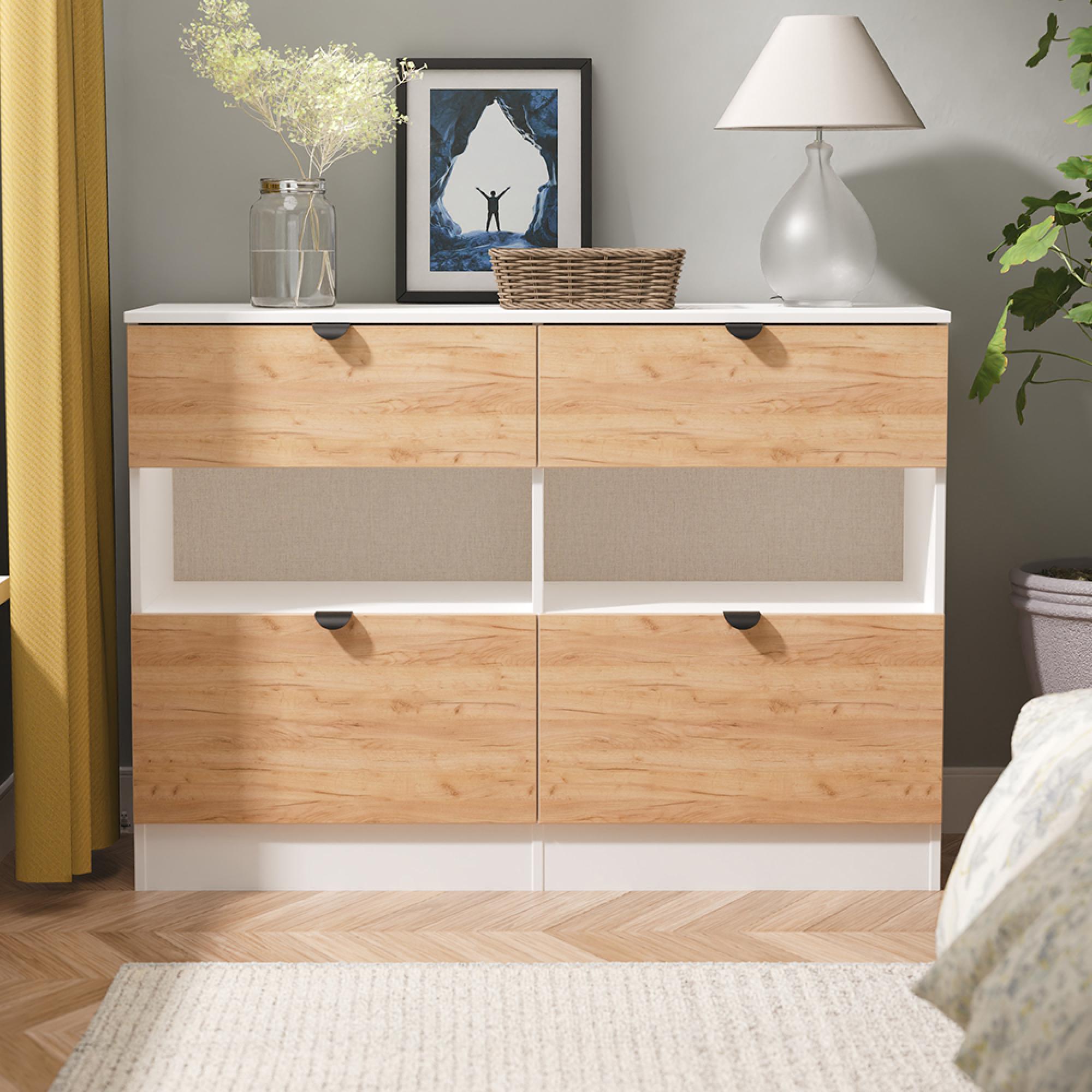 Bora Chest - 4 Drawer - Open Shelf - Midi - Gold Craft Oak and White Matt