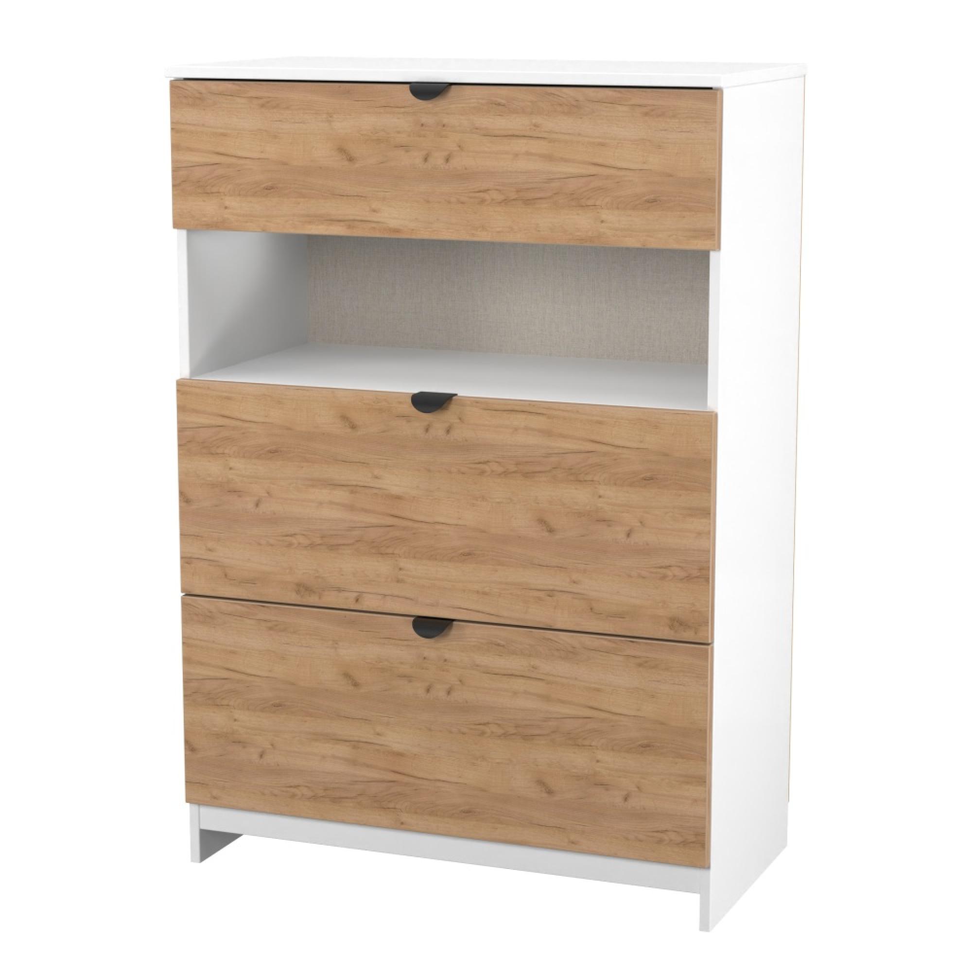 Bora Chest - 3 Drawer - Open Shelf - Deep - Gold Craft Oak and White Matt