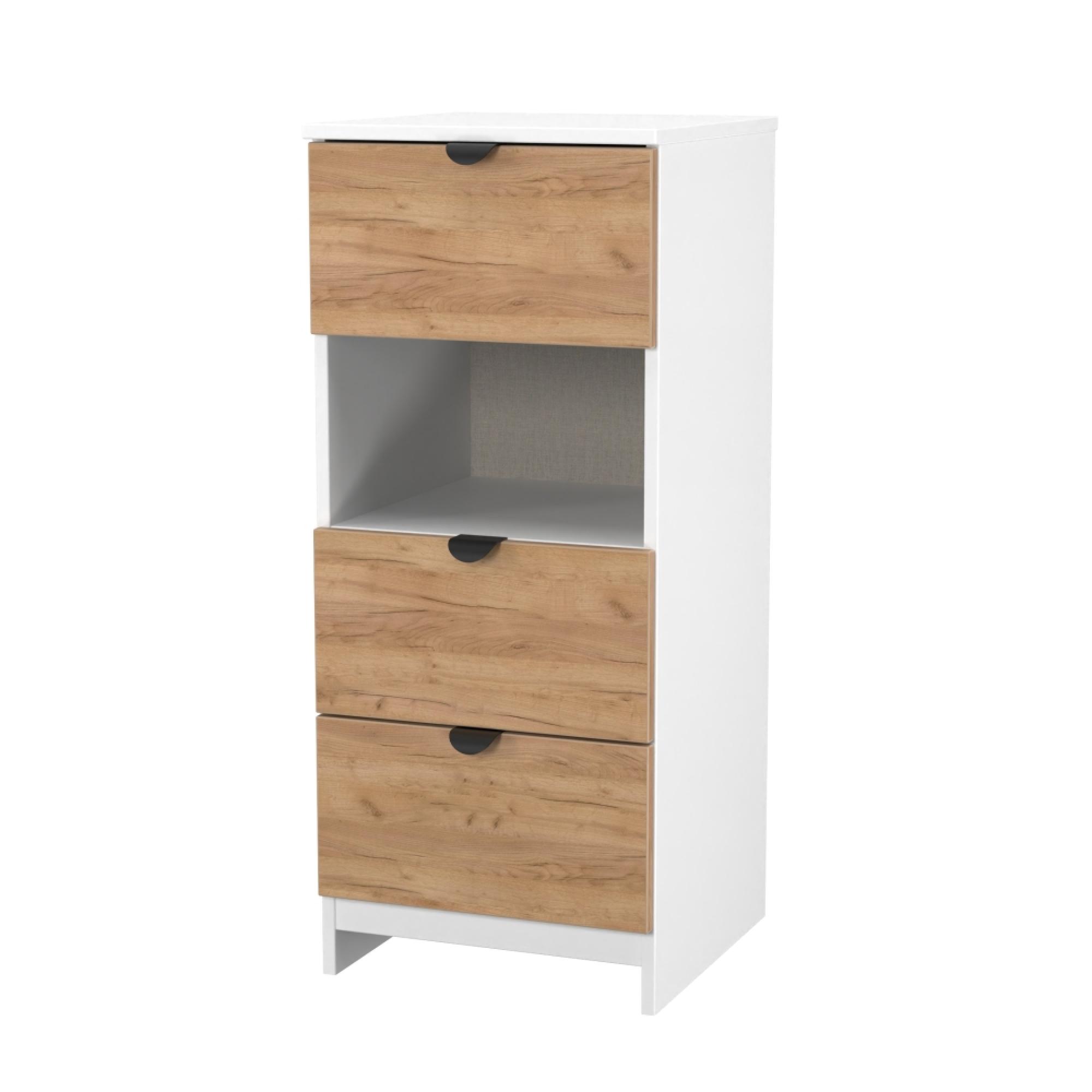 Bora Chest - 3 Drawer - Open Shelf - Gold Craft Oak and White Matt