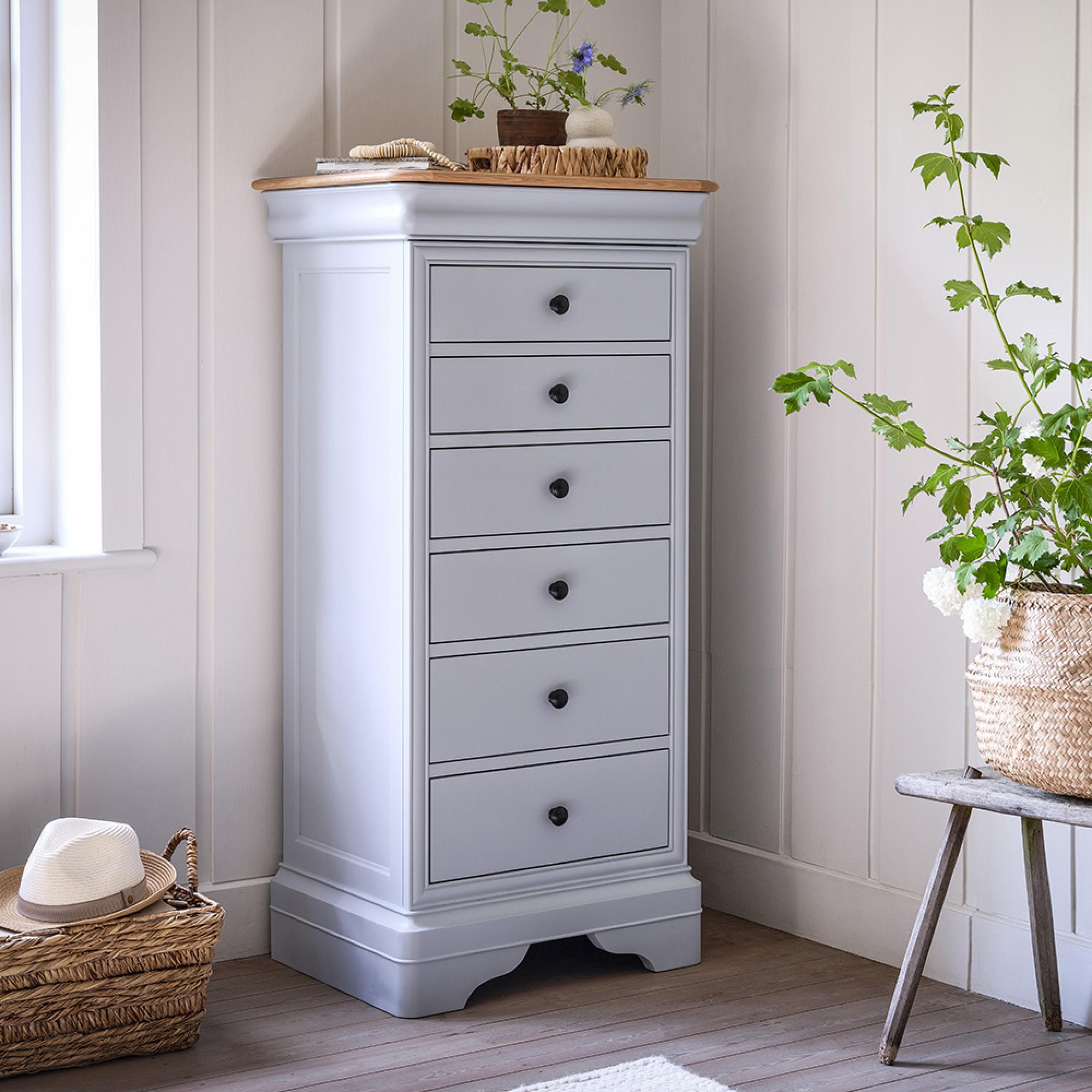 Chantilly Tall Chest - 6 Drawer - Grey Painted - Wood