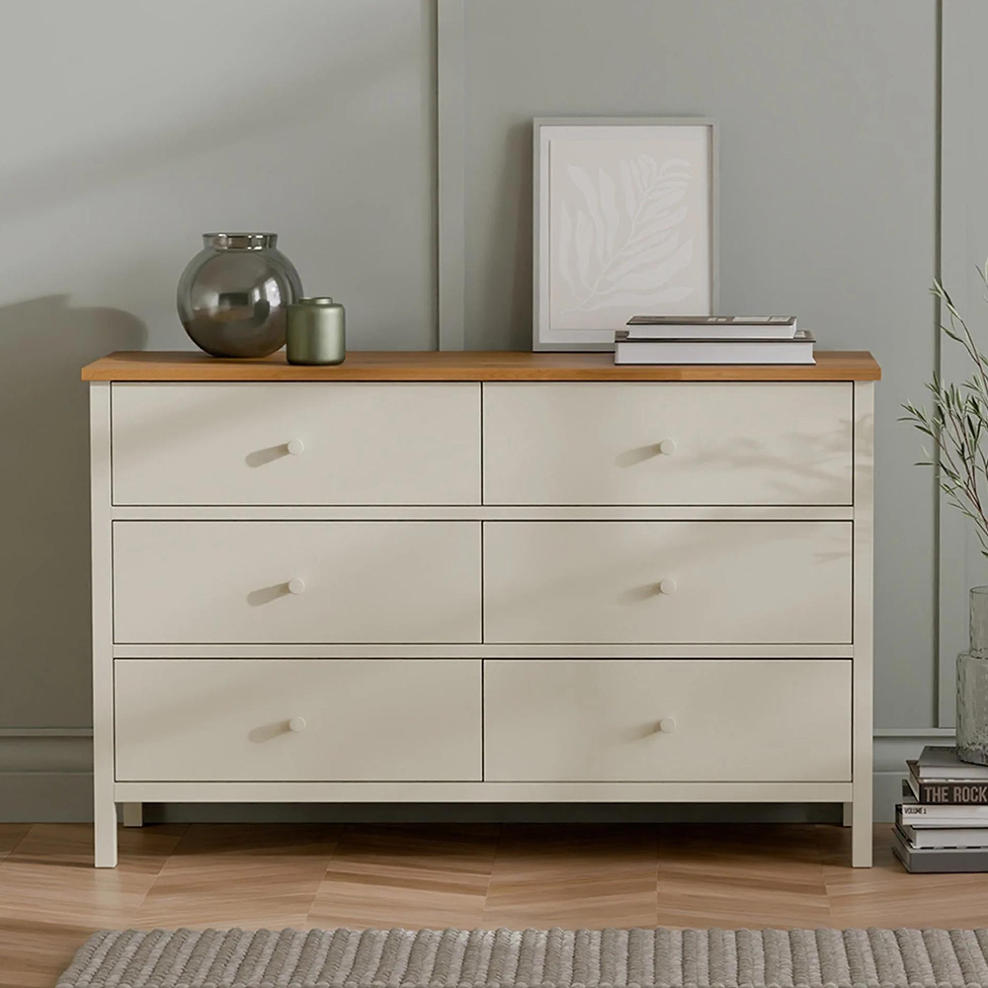 Coxmoor Chest - 6 Drawer - Wide - Ivory Painted - Oak Top