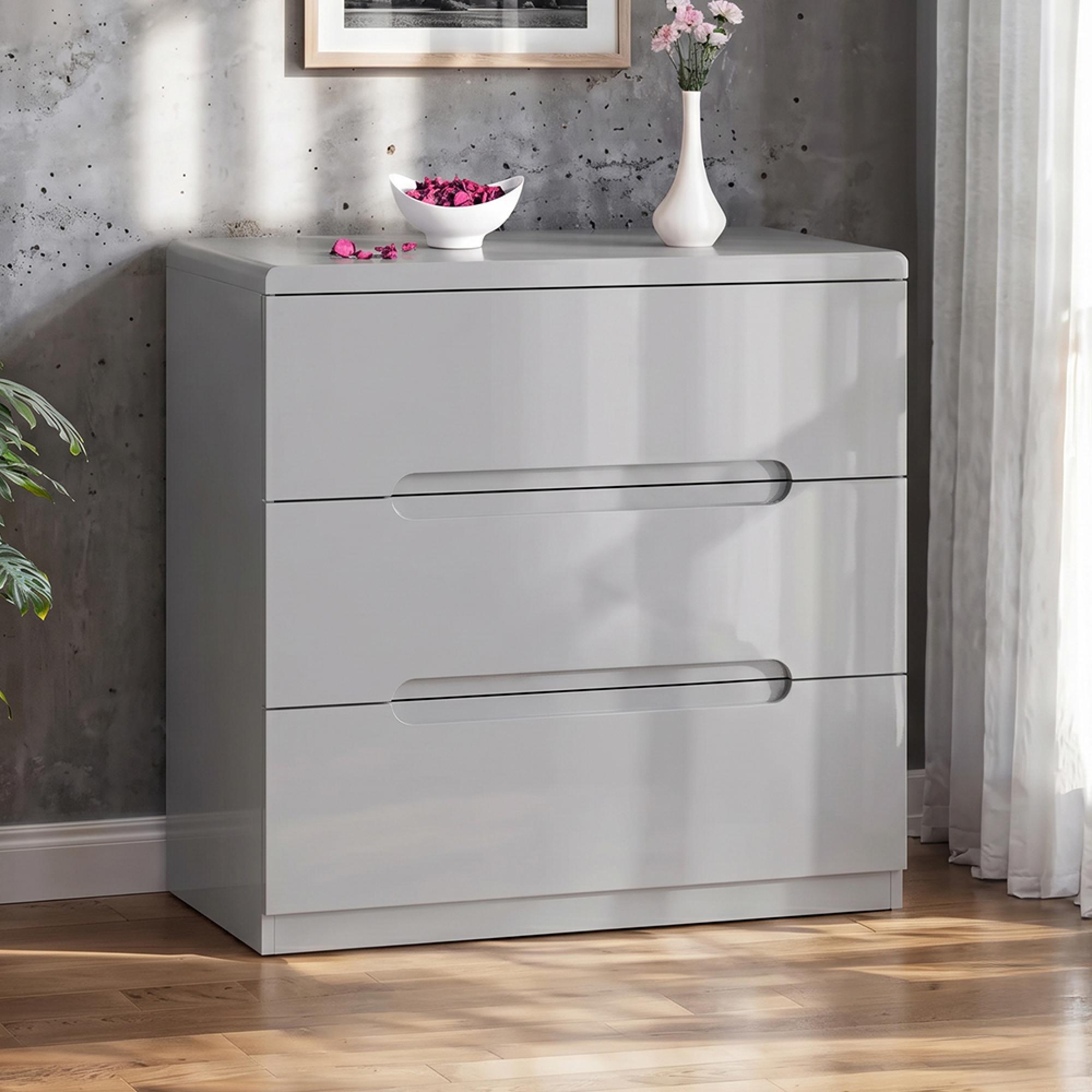 Manhattan Chest - 3 Drawer - Grey High Gloss