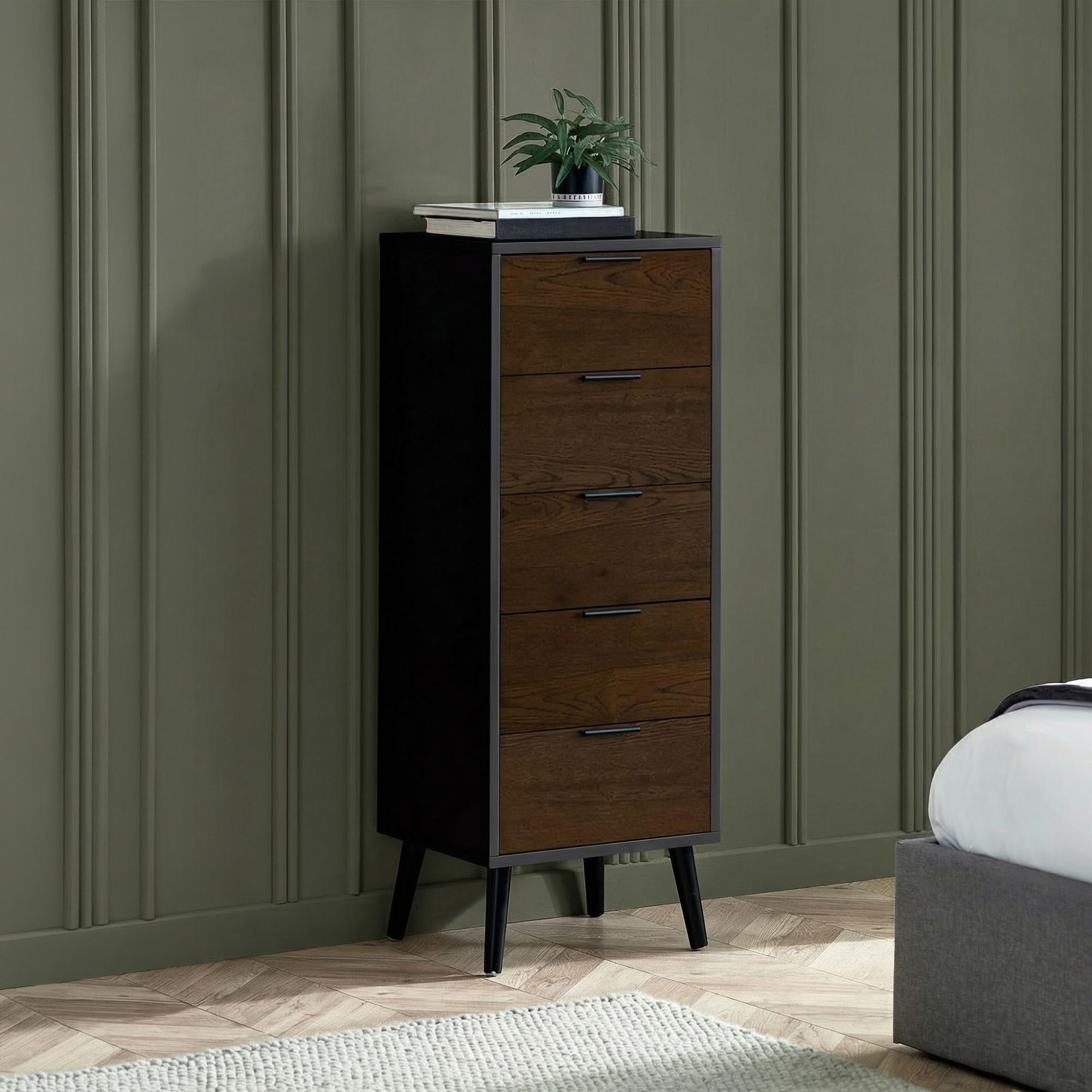 Alba Black and Walnut Narrow Chest - 5 Drawer
