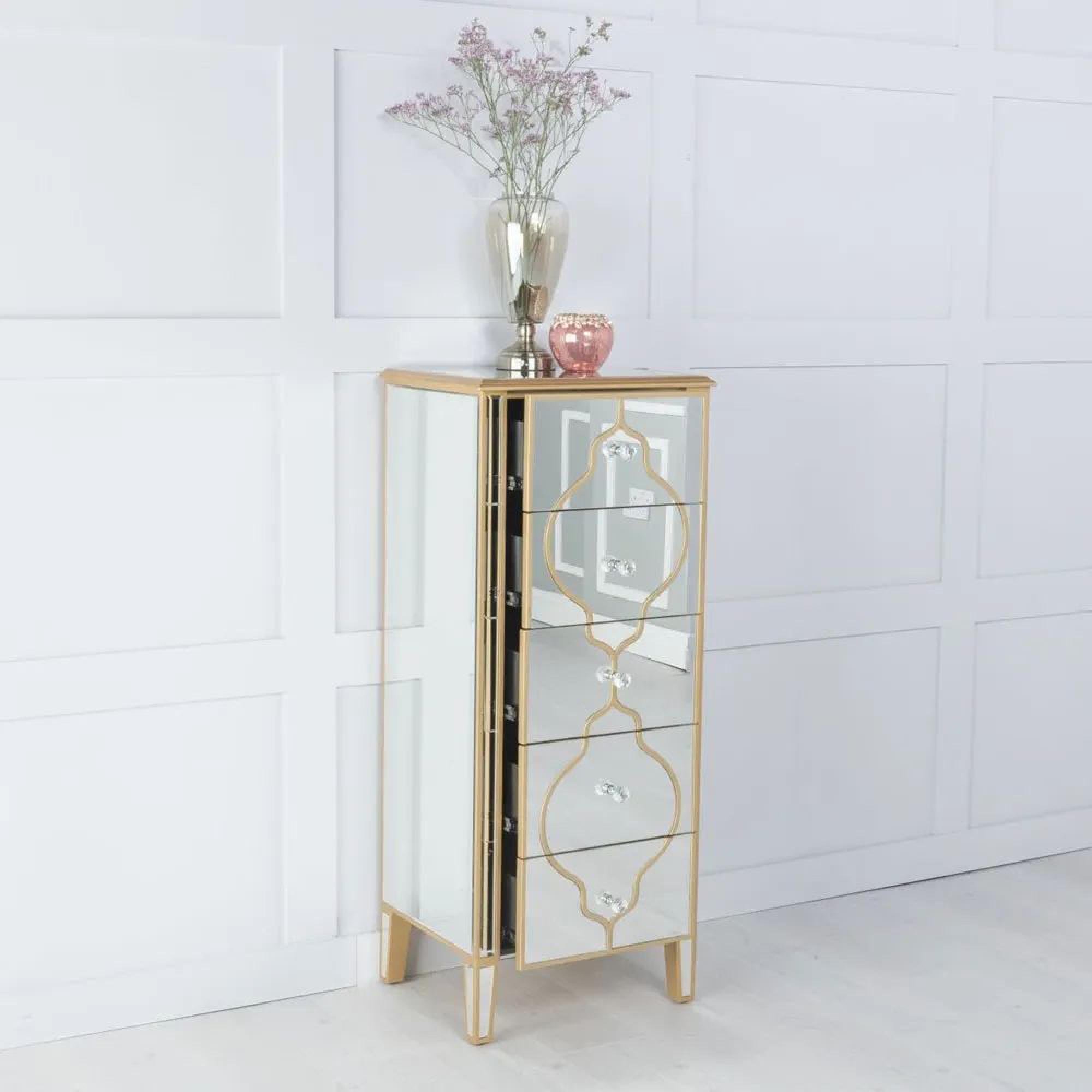 Casablanca Narrow Chest - 5 Drawer - Mirrored - Gold Trim