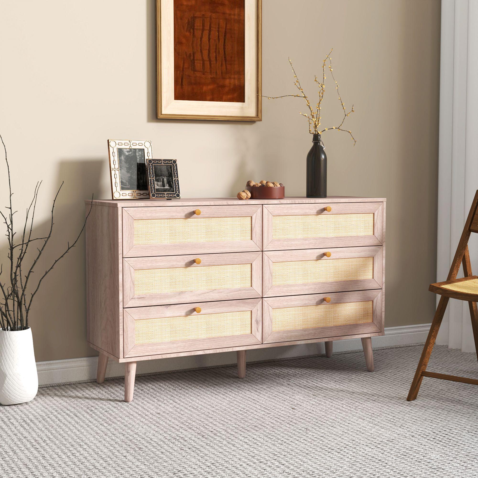 Clearance - Ferrero Wide Chest - 6 Drawer - Natural and Woven Rattan