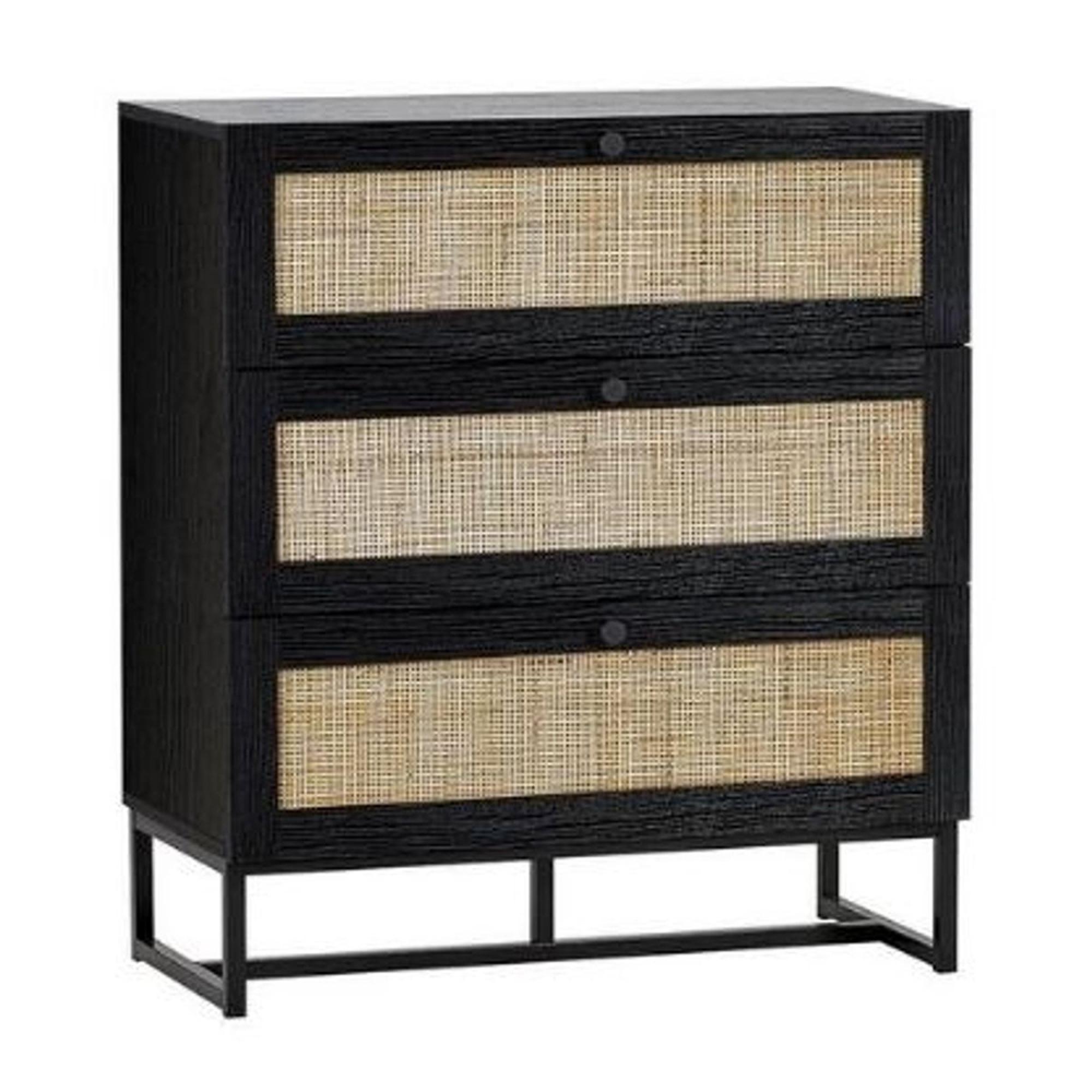 Clearance - Padstow Black and Rattan 3 Drawer Small Chest - FSS16386