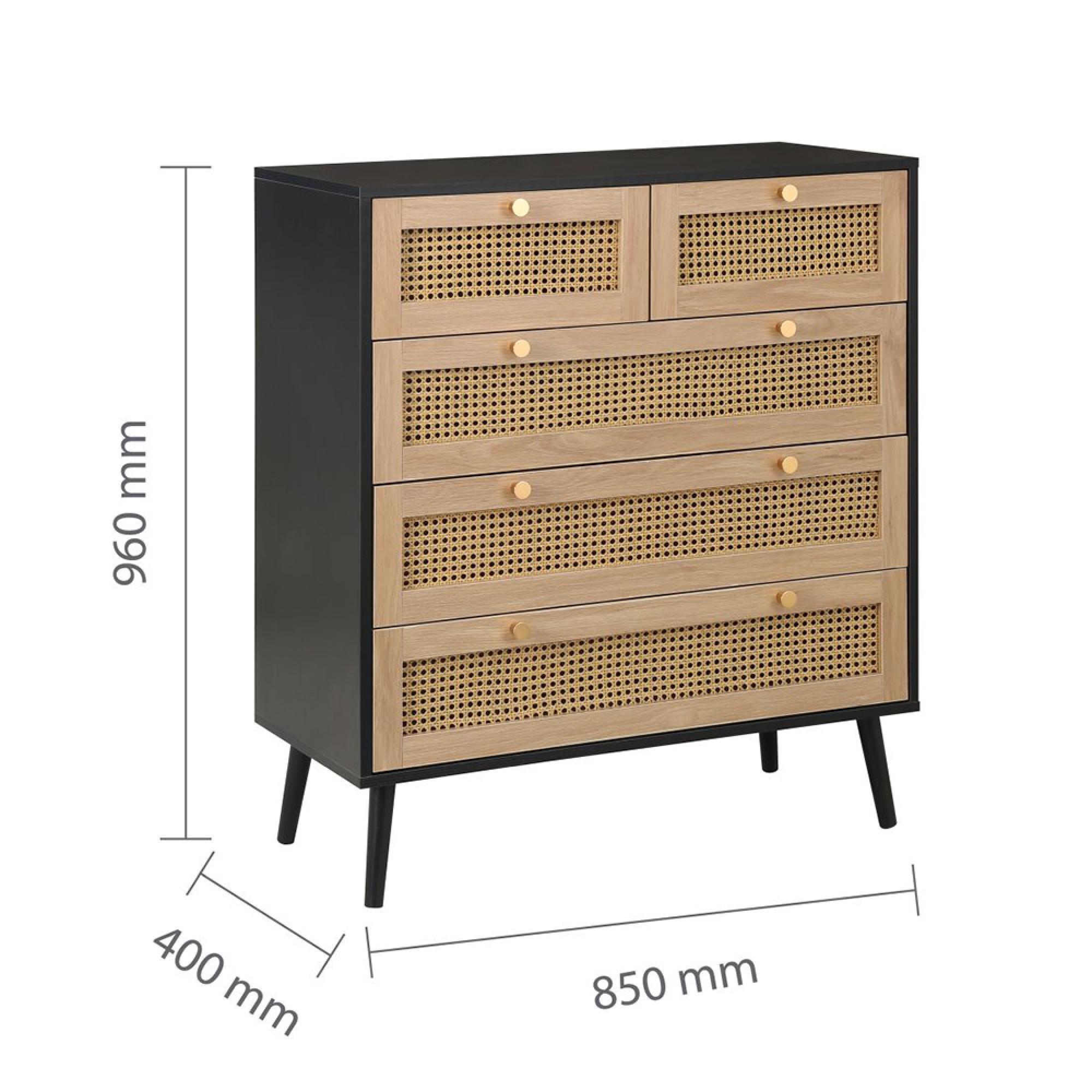 Croxley Chest - 2+3 Drawer - Black and Rattan