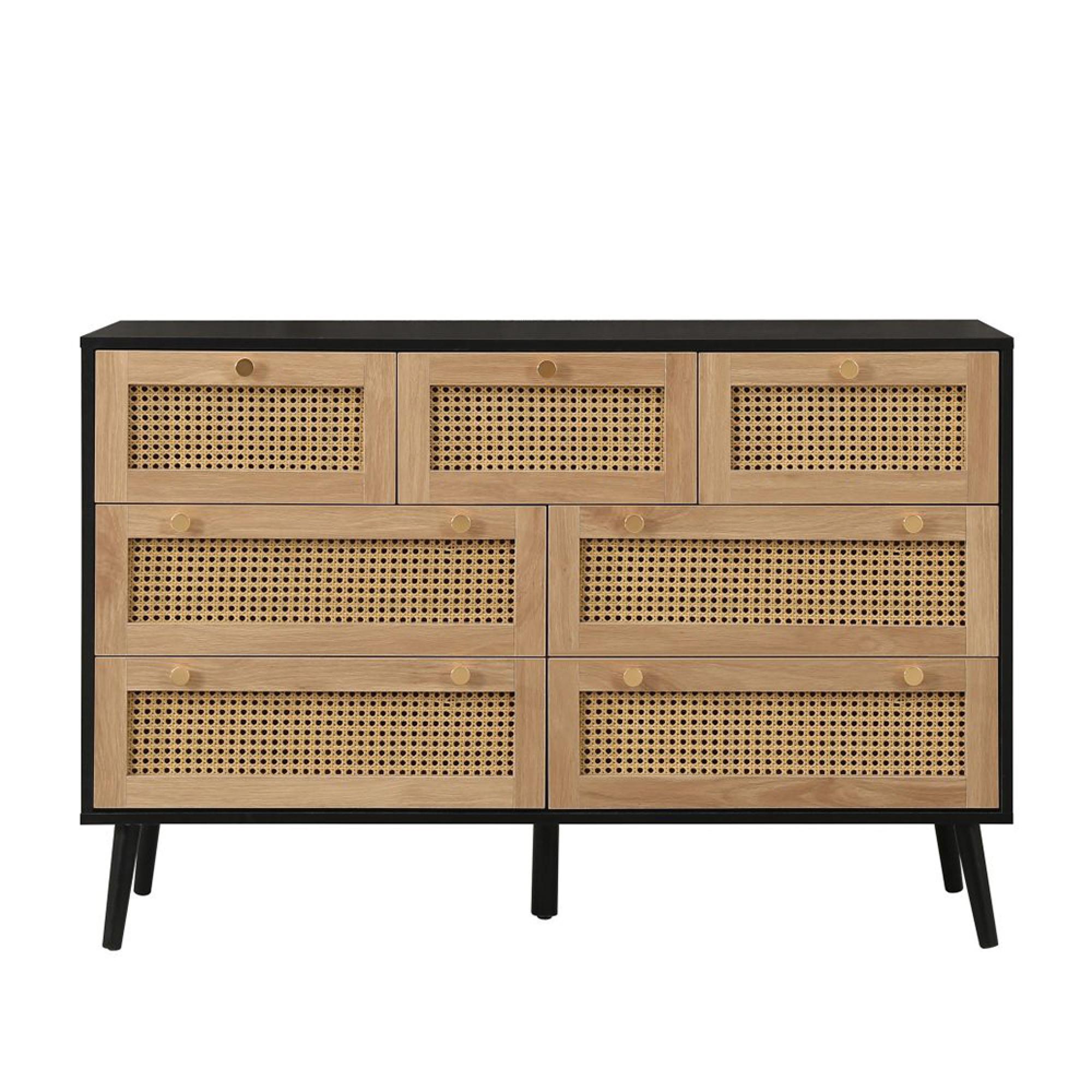 Croxley Wide Chest - 7 Drawer - Black and Rattan
