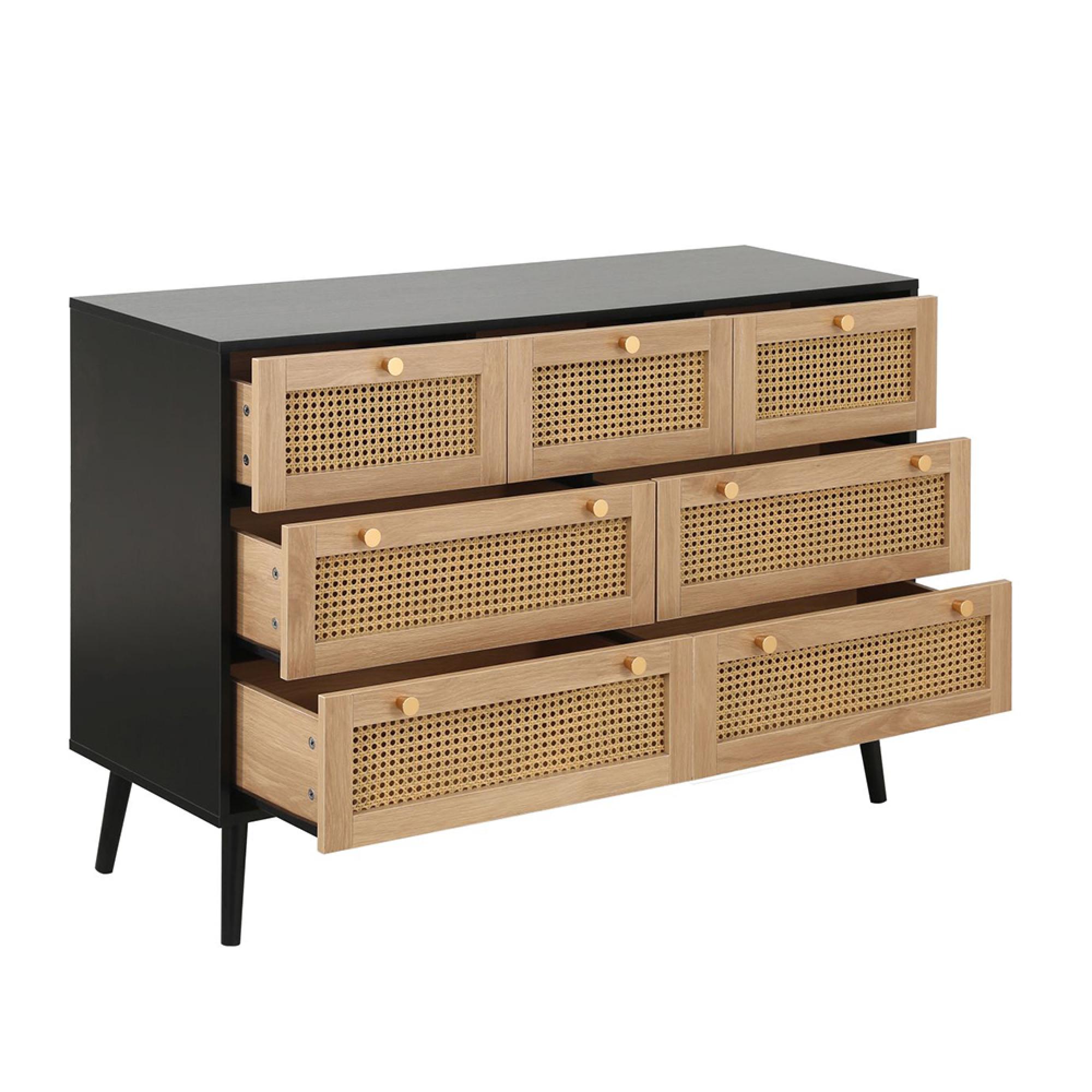 Croxley Wide Chest - 7 Drawer - Black and Rattan