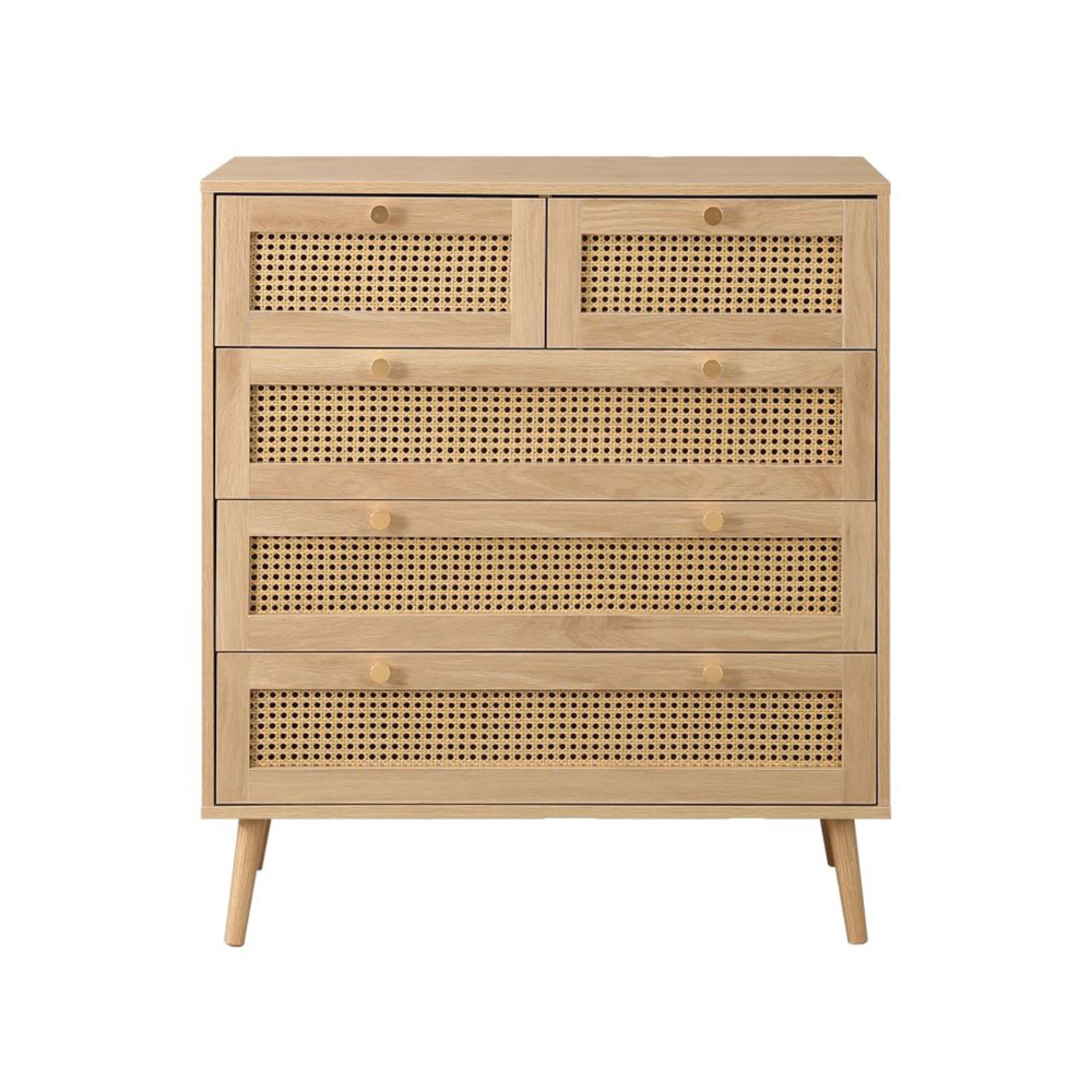 Croxley Chest - 2+3 Drawer - Oak and Rattan