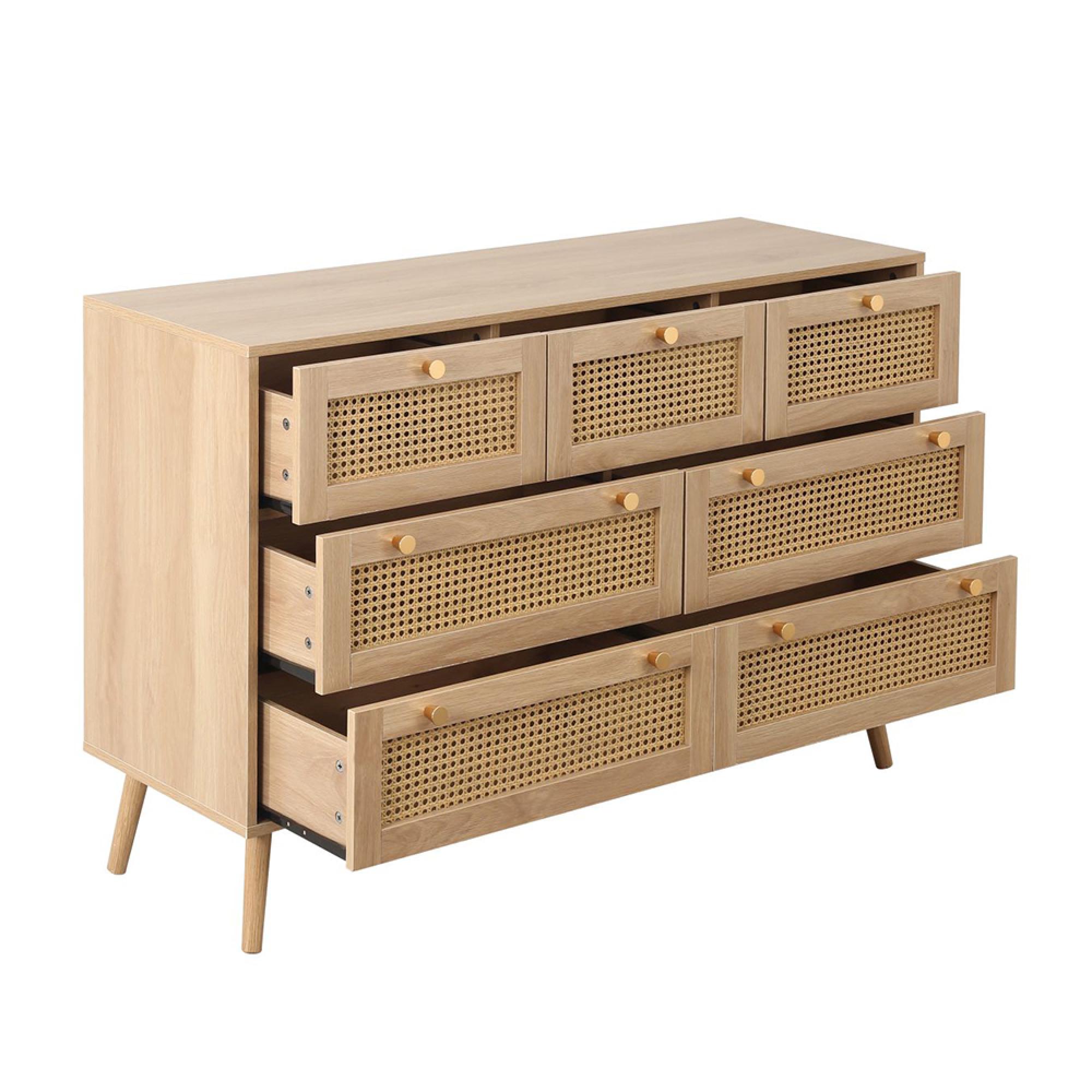 Croxley Wide Chest - 7 Drawer - Oak and Rattan