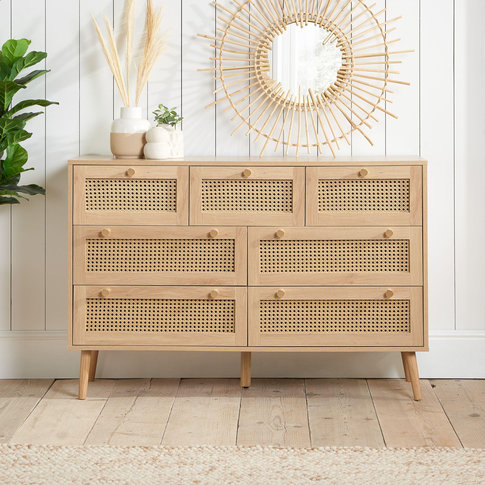 Croxley Wide Chest - 7 Drawer - Oak and Rattan