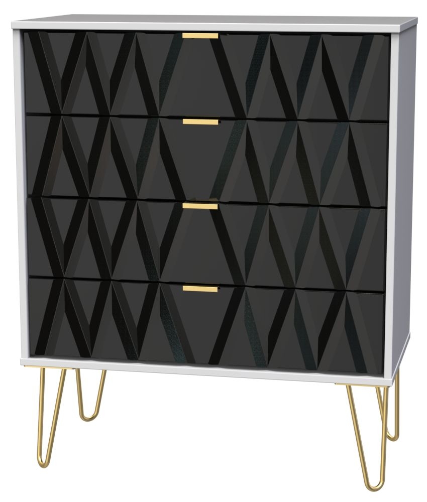 Diamond Chest - 4 Drawer - with Gold Hairpin Legs - Black and White