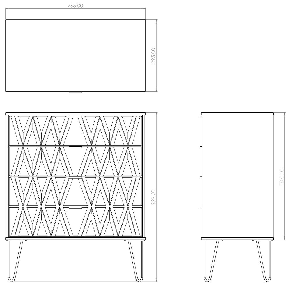 Diamond Chest - 4 Drawer - with Gold Hairpin Legs - Black and White