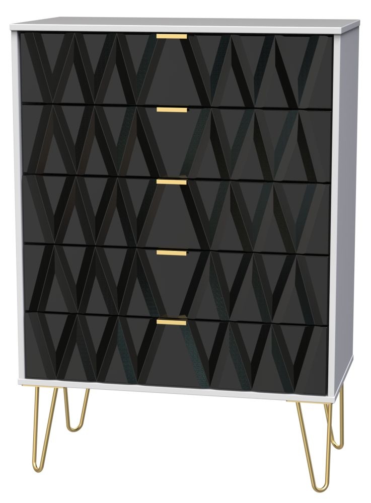 Diamond Chest - 5 Drawer - with Gold Hairpin Legs - Black and White