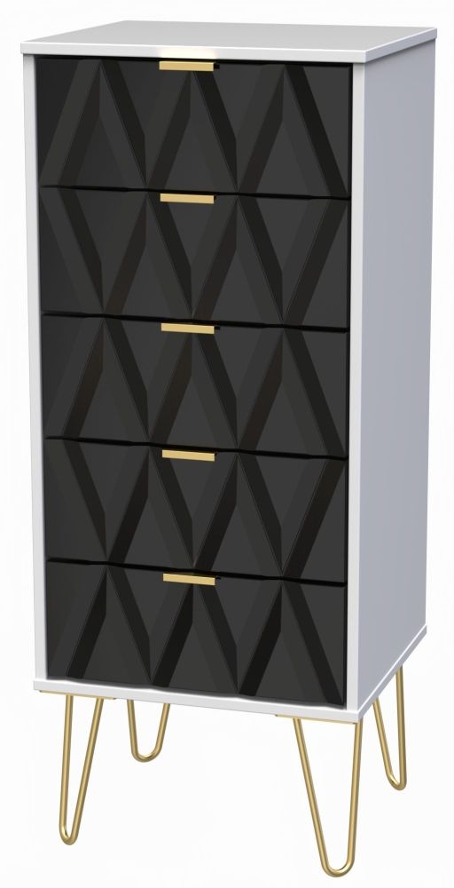Diamond Narrow Chest - 5 Drawer - with Gold Hairpin Legs - Black and White