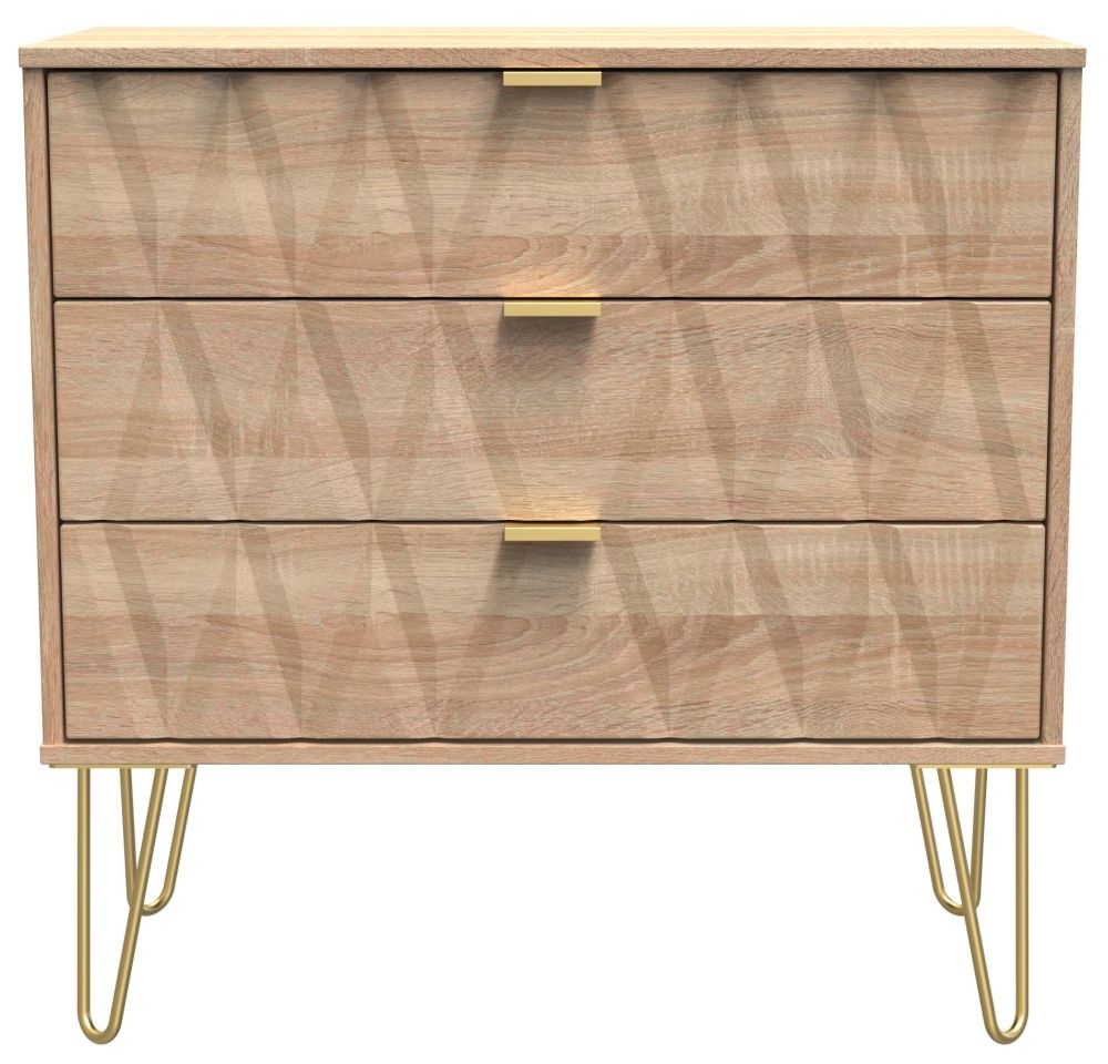 Diamond Oak Effect 3 Drawer Small Chest with Gold Hairpin Legs