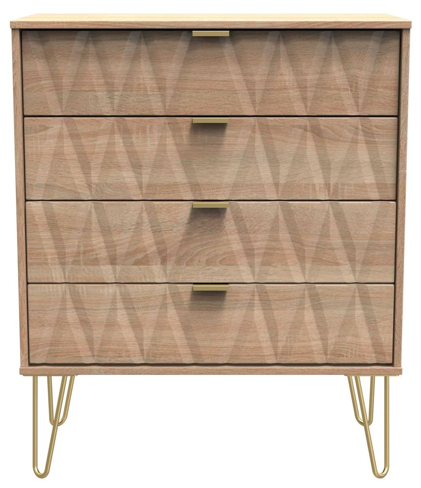 Diamond Oak Effect 4 Drawer Chest with Gold Hairpin Legs