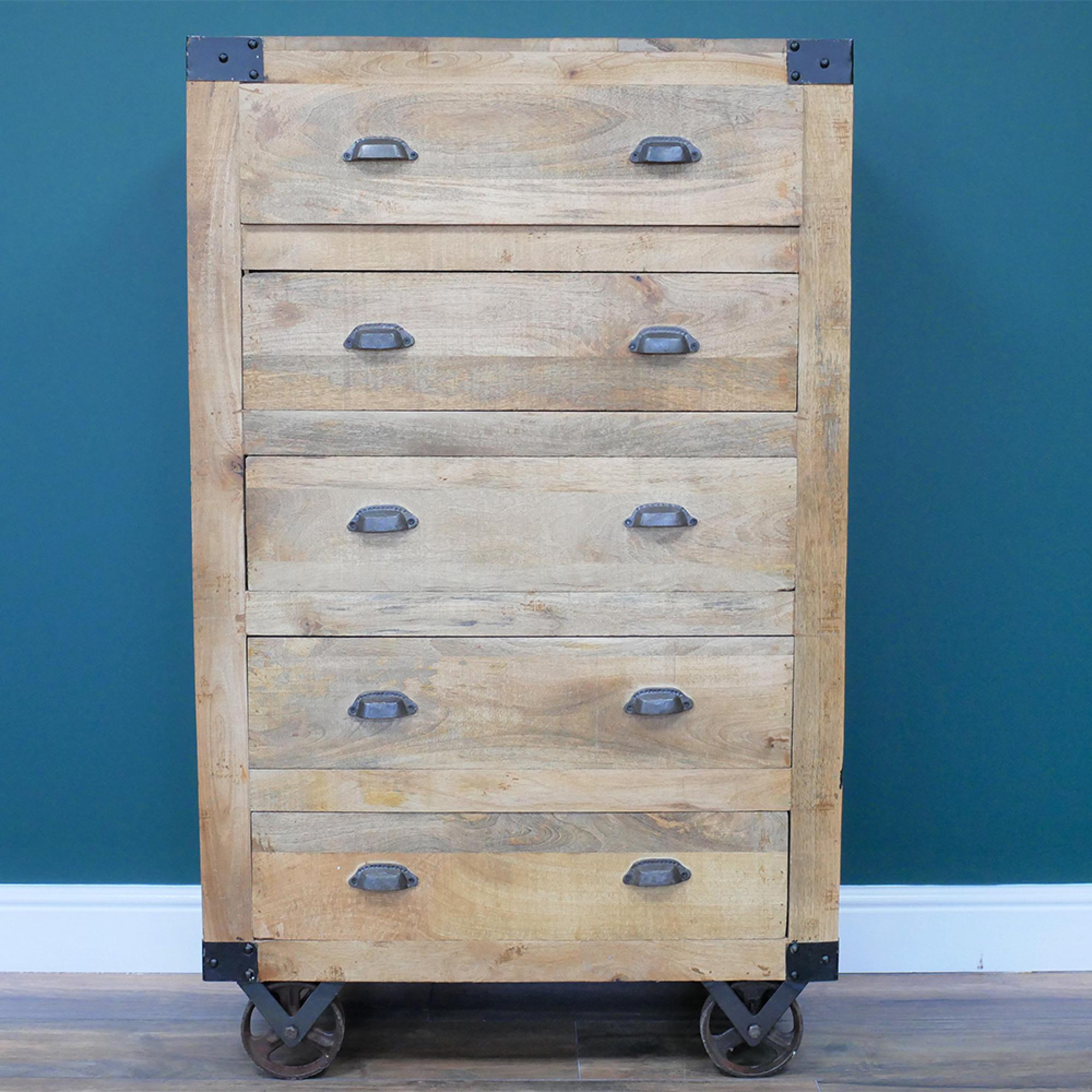 Chest - Mango Wood - 5 Drawer - on Wheels
