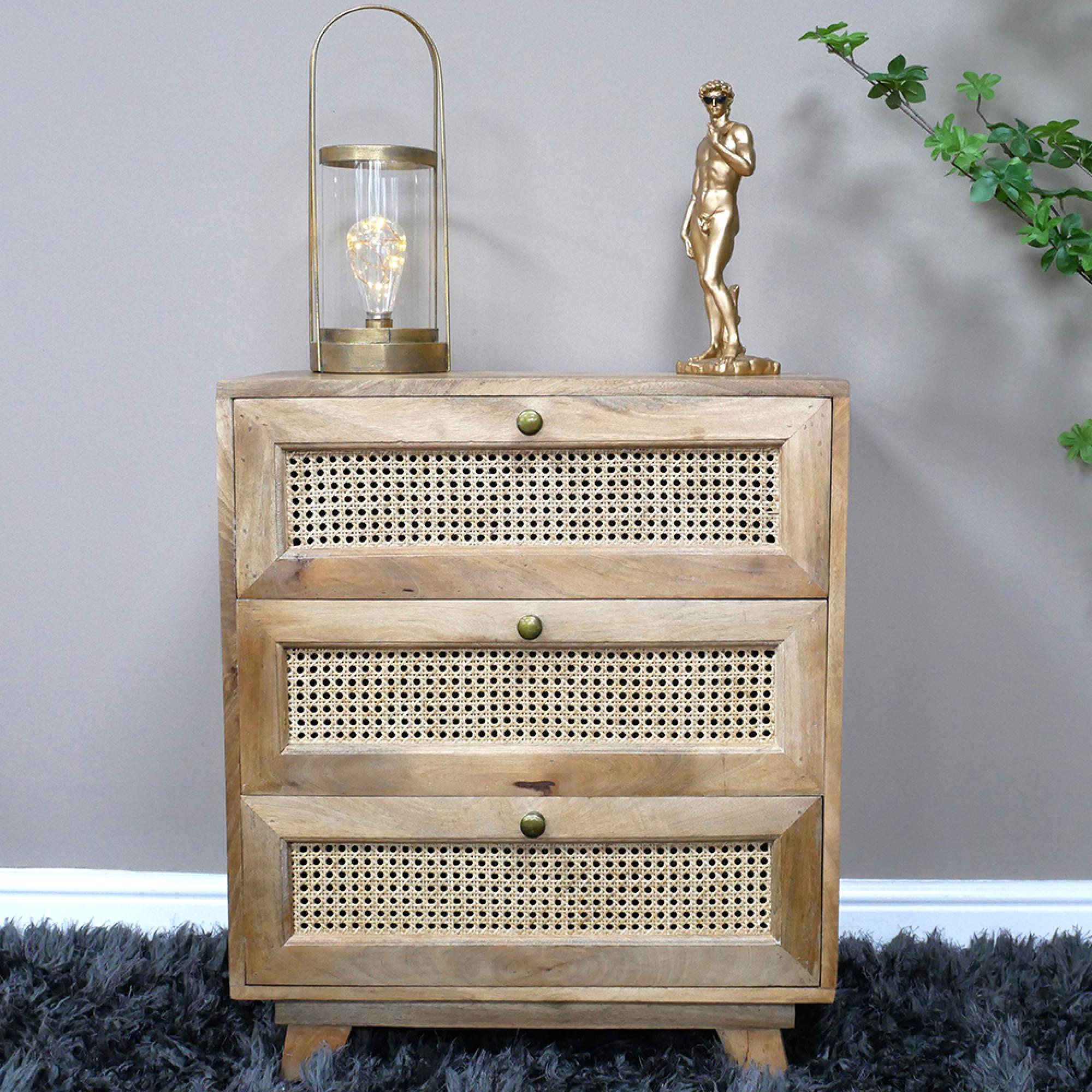 Chest - Mango Wood and Rattan - 3 Drawer - Small