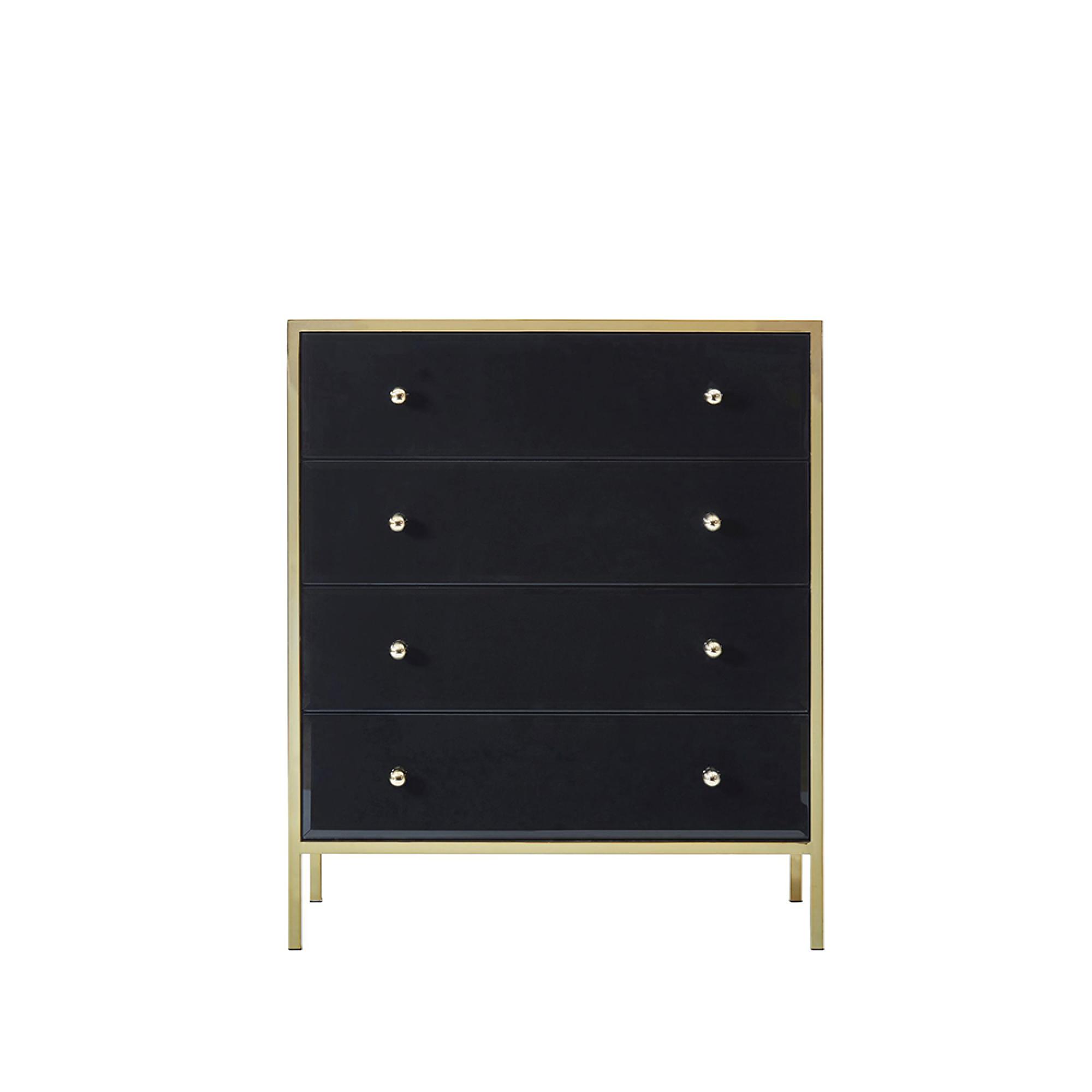 Fenwick Chest - 4 Drawer - Black Glass - Gold Trim