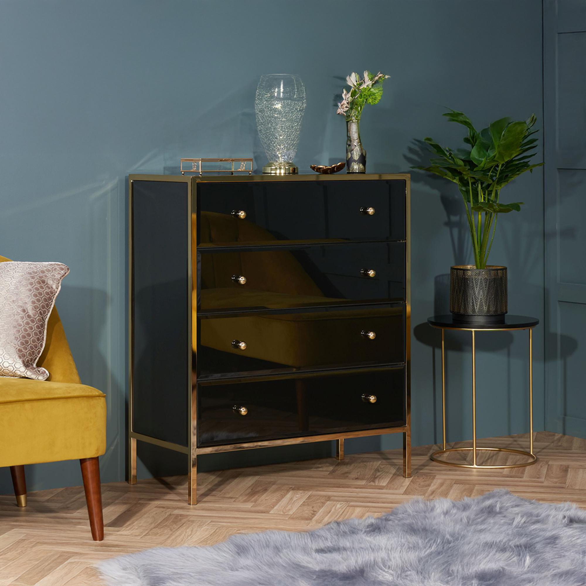 Fenwick Chest - 4 Drawer - Black Glass - Gold Trim