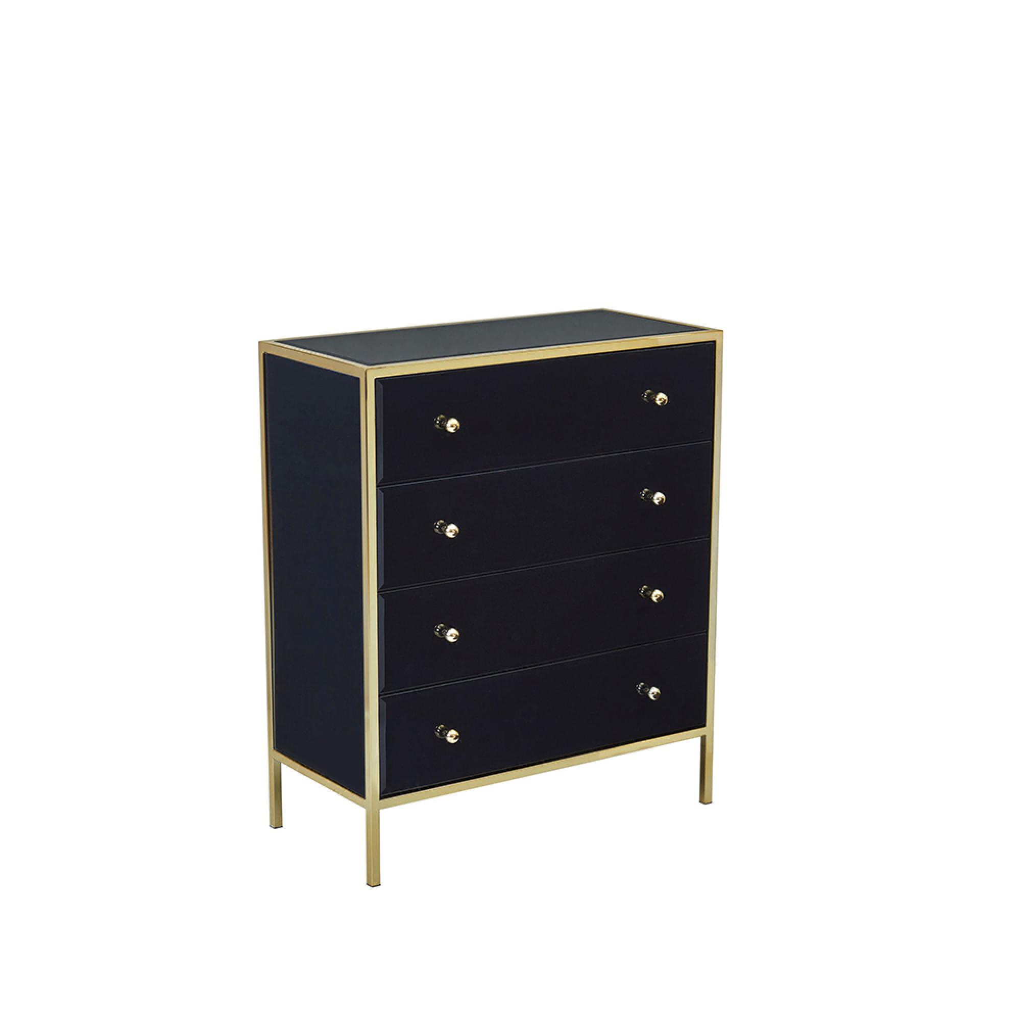 Fenwick Chest - 4 Drawer - Black Glass - Gold Trim