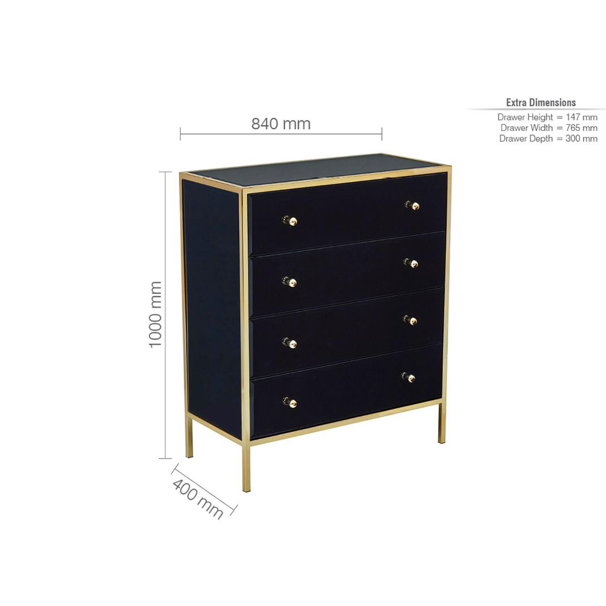 Fenwick Chest - 4 Drawer - Black Glass - Gold Trim