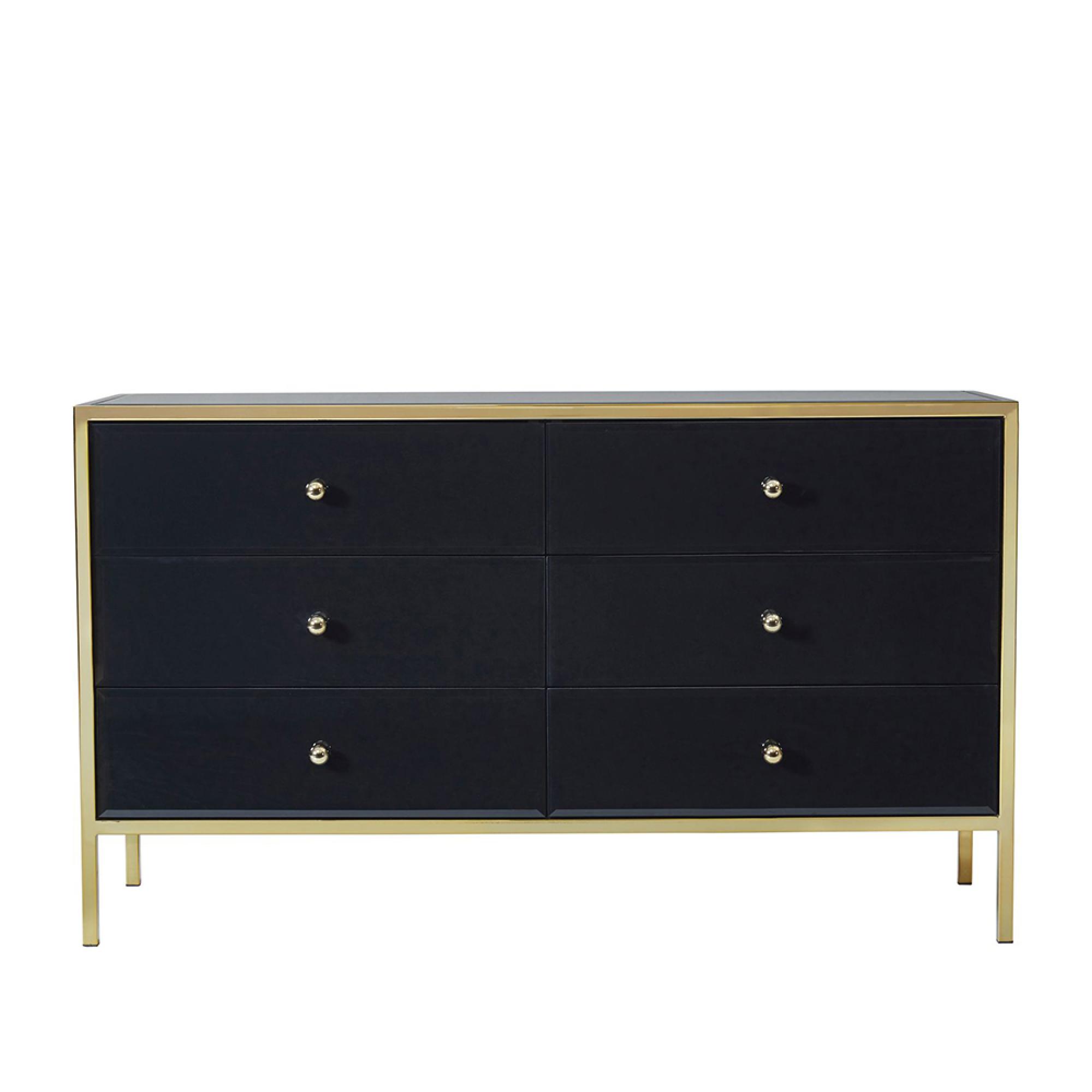 Fenwick Wide Chest - 6 Drawer - Black Glass - Gold Trim
