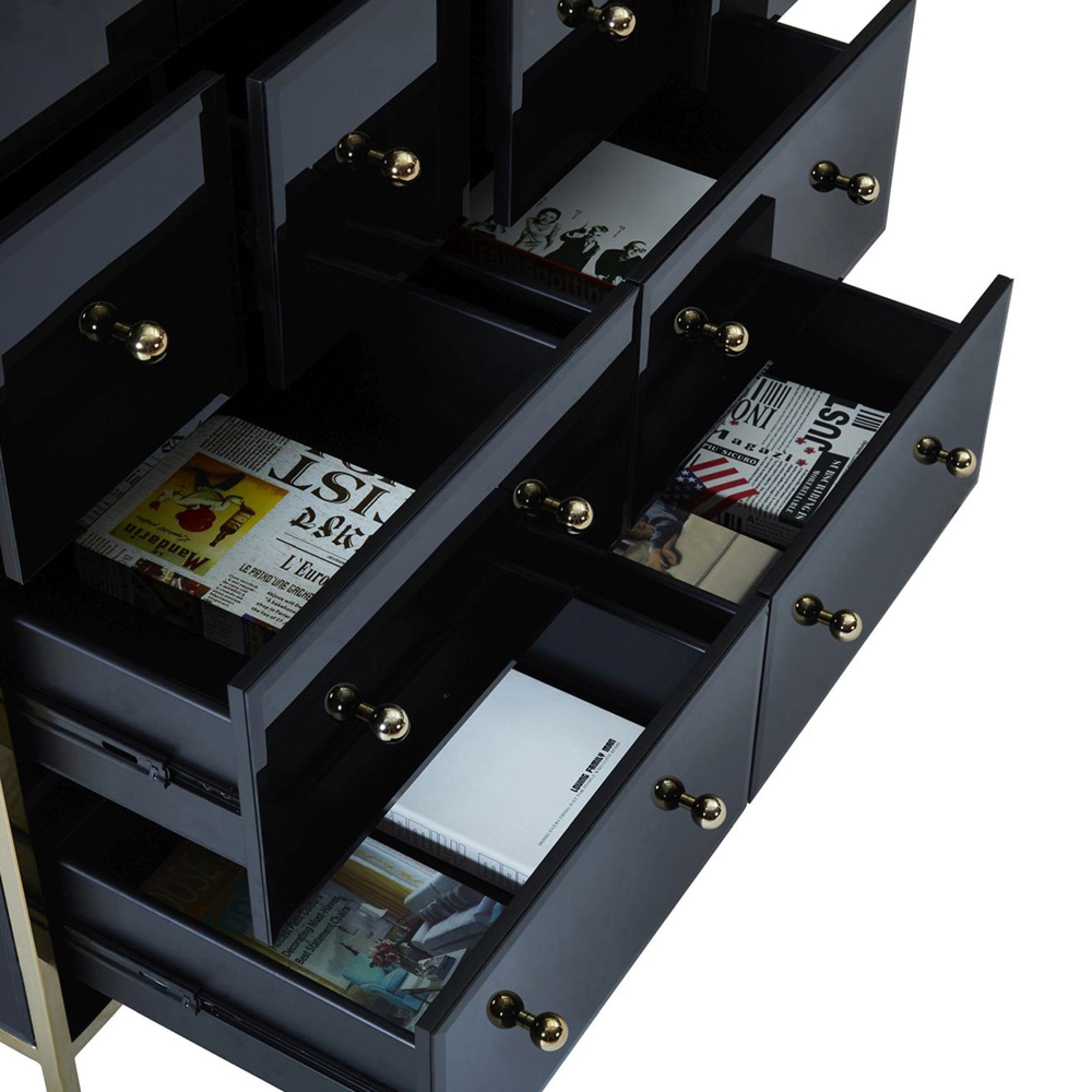 Fenwick Wide Chest - 6 Drawer - Black Glass - Gold Trim