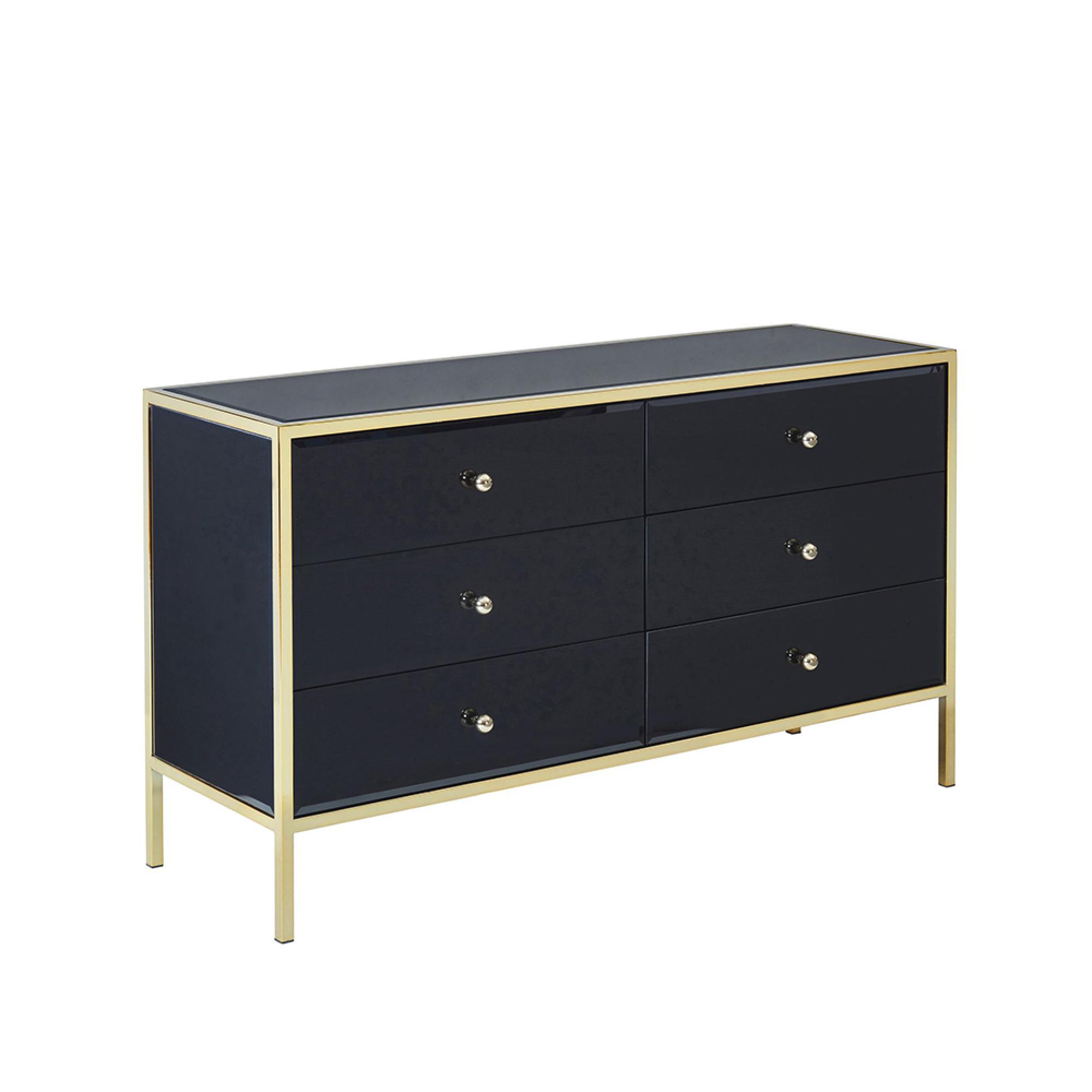 Fenwick Wide Chest - 6 Drawer - Black Glass - Gold Trim
