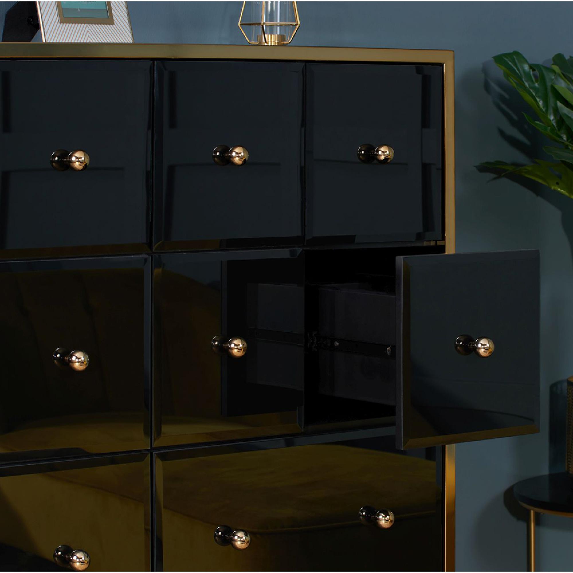 Fenwick Chest - Multi Drawer - Black Glass - Gold Trim