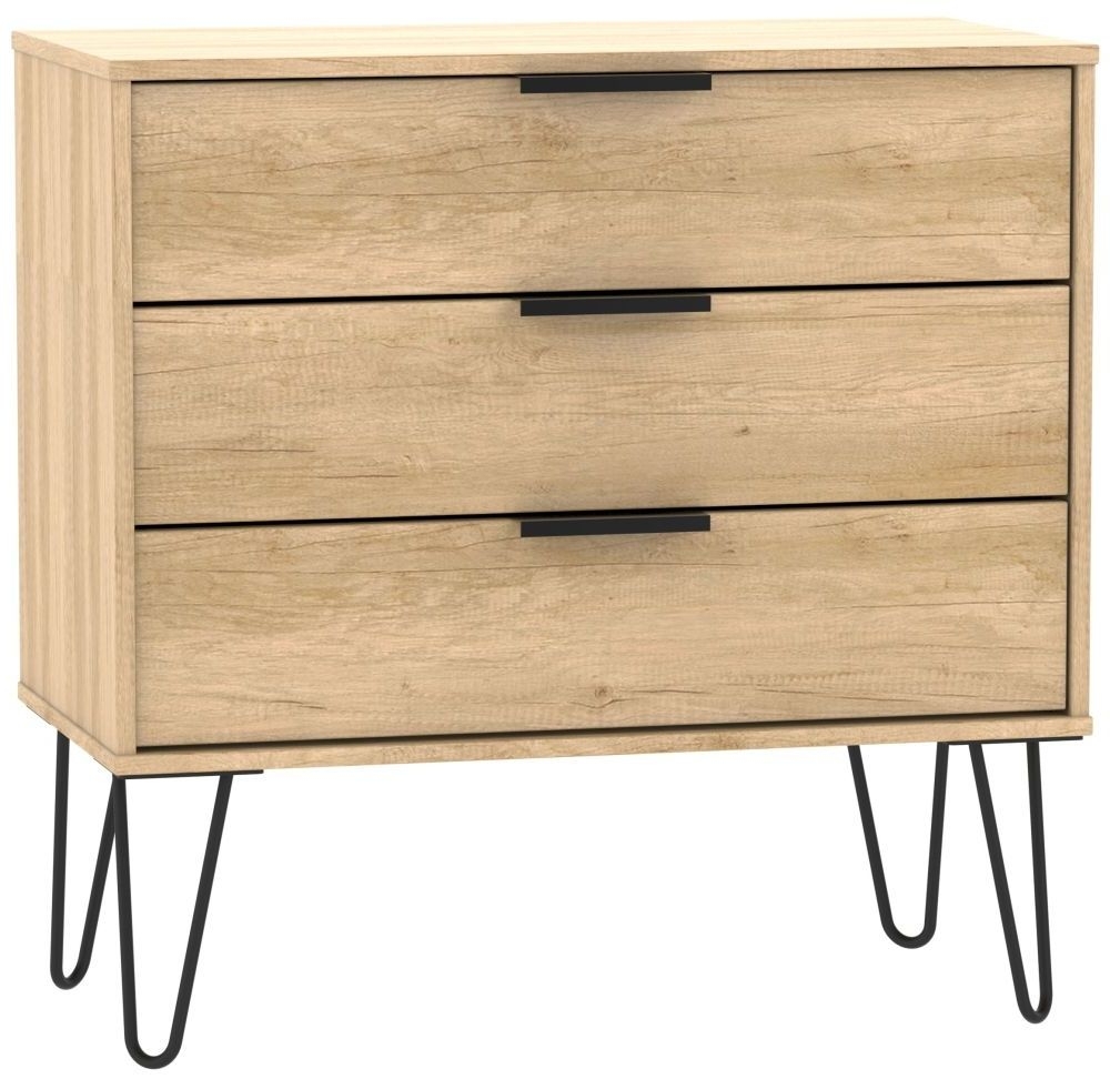 Hong Kong Oak Effect 3 Drawer Midi Chest with Hairpin Legs