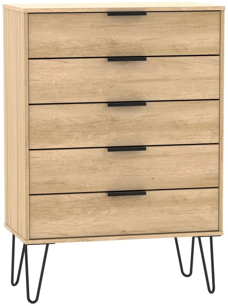 Hong Kong Oak Effect 5 Drawer Chest with Hairpin Legs