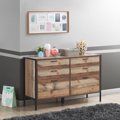 Industrial Rustic Oak Effect 6 Drawer Wide Chest