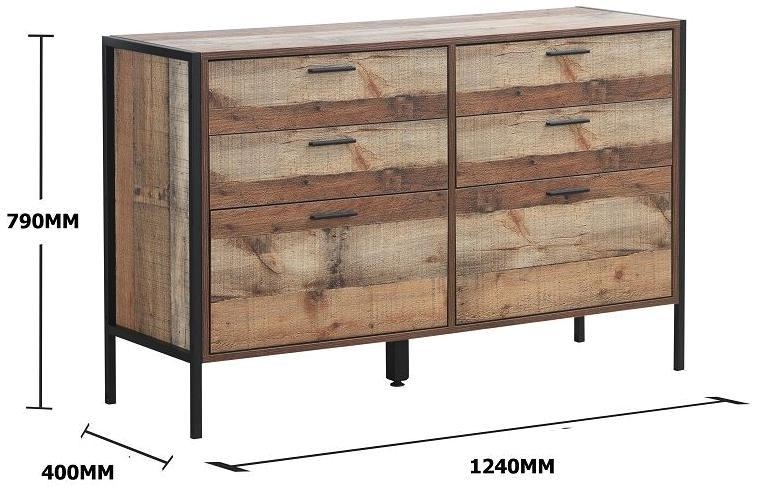 Industrial Rustic Oak Effect 6 Drawer Wide Chest
