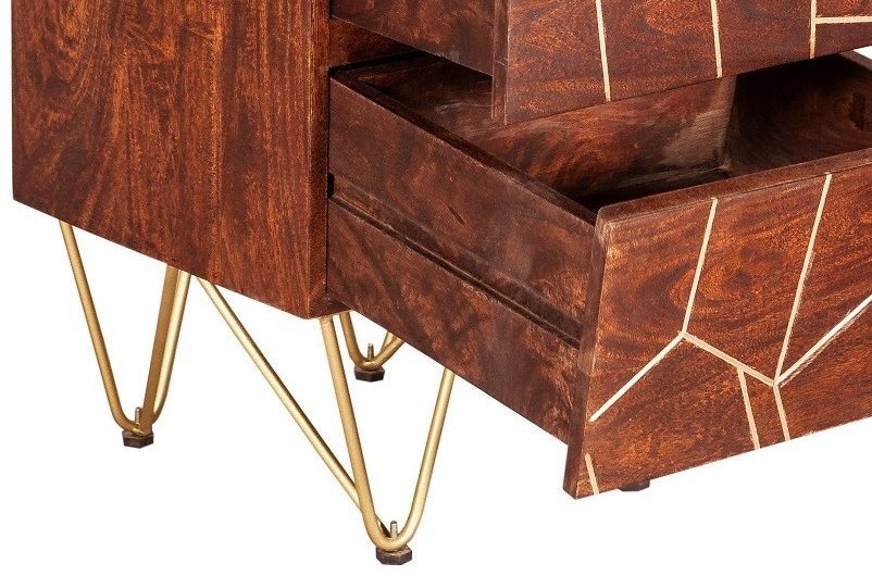 Kaza Dark Mango Wood Narrow 5 Drawer Chest - Hairpin Legs with Gold Geometric Inlay