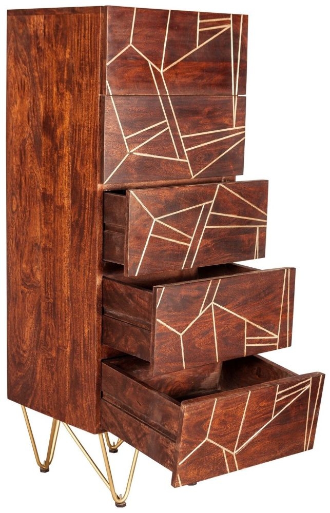 Kaza Dark Mango Wood Narrow 5 Drawer Chest - Hairpin Legs with Gold Geometric Inlay
