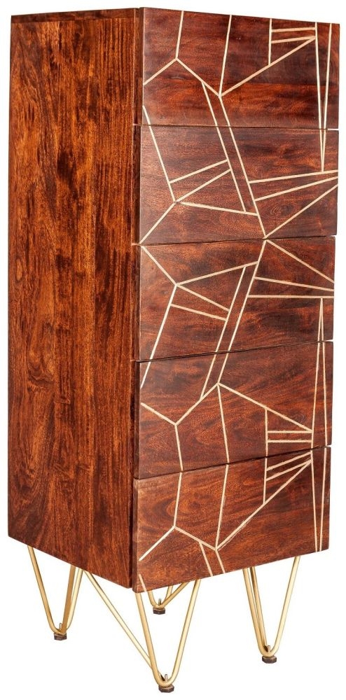 Kaza Dark Mango Wood Narrow 5 Drawer Chest - Hairpin Legs with Gold Geometric Inlay