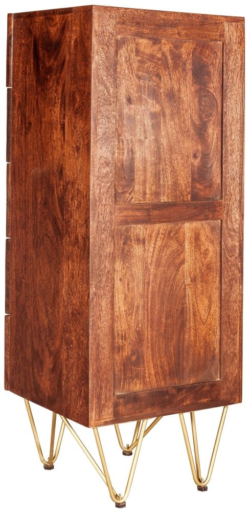 Kaza Dark Mango Wood Narrow 5 Drawer Chest - Hairpin Legs with Gold Geometric Inlay