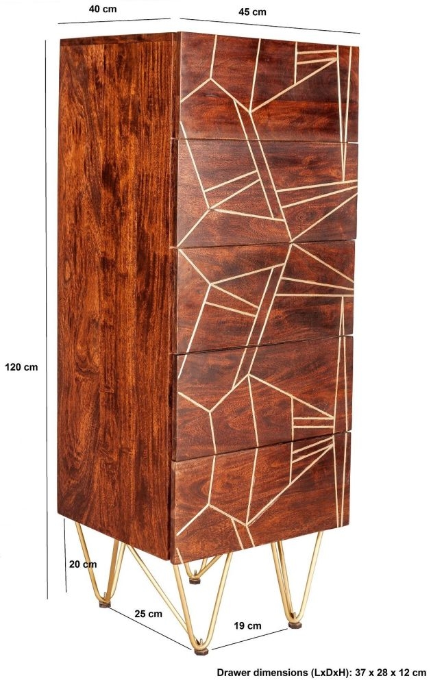 Kaza Dark Mango Wood Narrow 5 Drawer Chest - Hairpin Legs with Gold Geometric Inlay