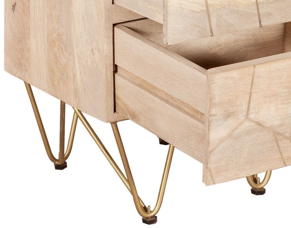 Kaza Light Mango Wood 5 Drawer Narrow Chest - Hairpin Legs with Gold Geometric Inlay