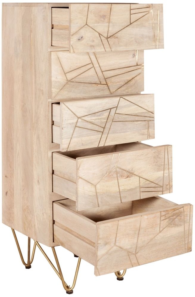 Kaza Light Mango Wood 5 Drawer Narrow Chest - Hairpin Legs with Gold Geometric Inlay
