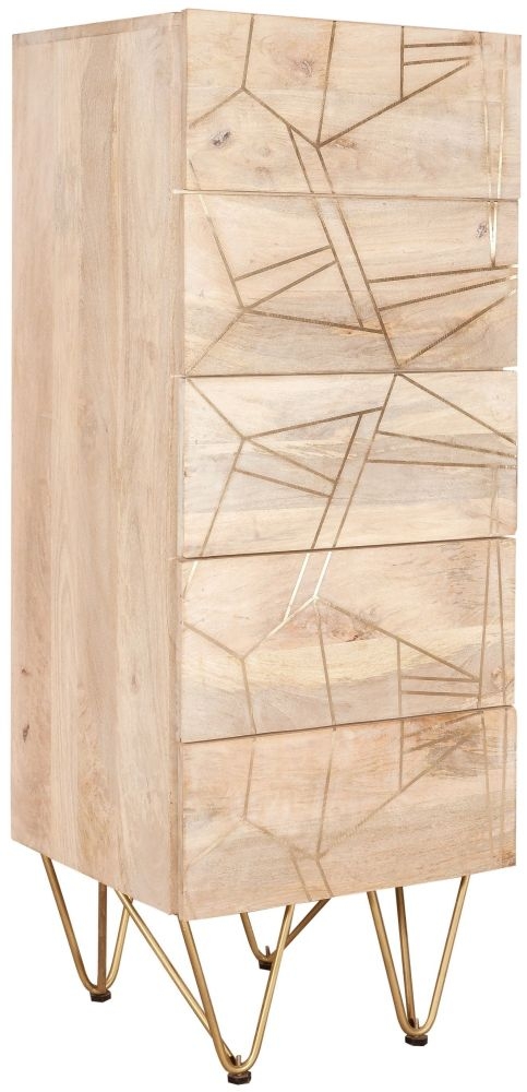 Kaza Light Mango Wood 5 Drawer Narrow Chest - Hairpin Legs with Gold Geometric Inlay