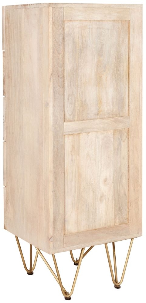 Kaza Light Mango Wood 5 Drawer Narrow Chest - Hairpin Legs with Gold Geometric Inlay