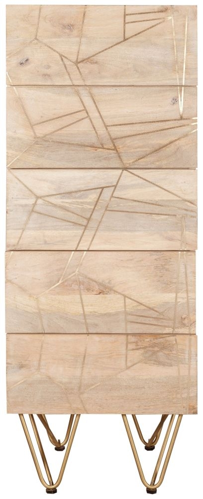 Kaza Light Mango Wood 5 Drawer Narrow Chest - Hairpin Legs with Gold Geometric Inlay