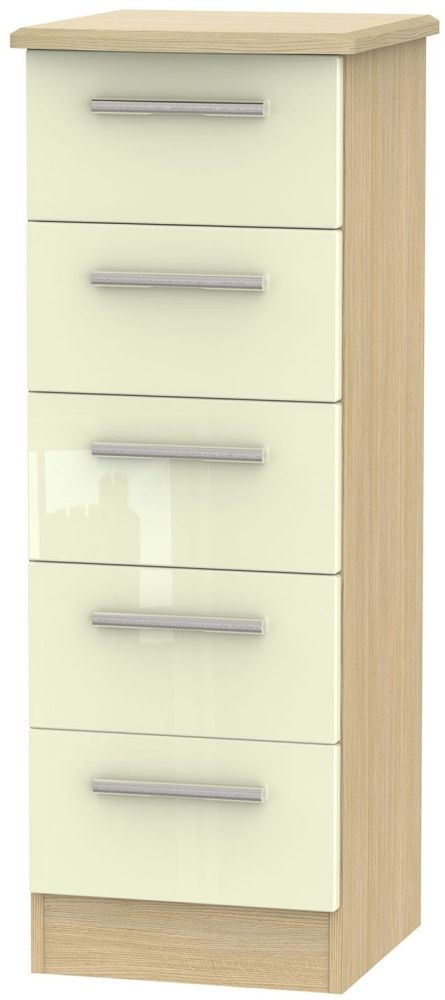 Knightsbridge Cream Gloss and Light Oak 5 Drawer Narrow Chest