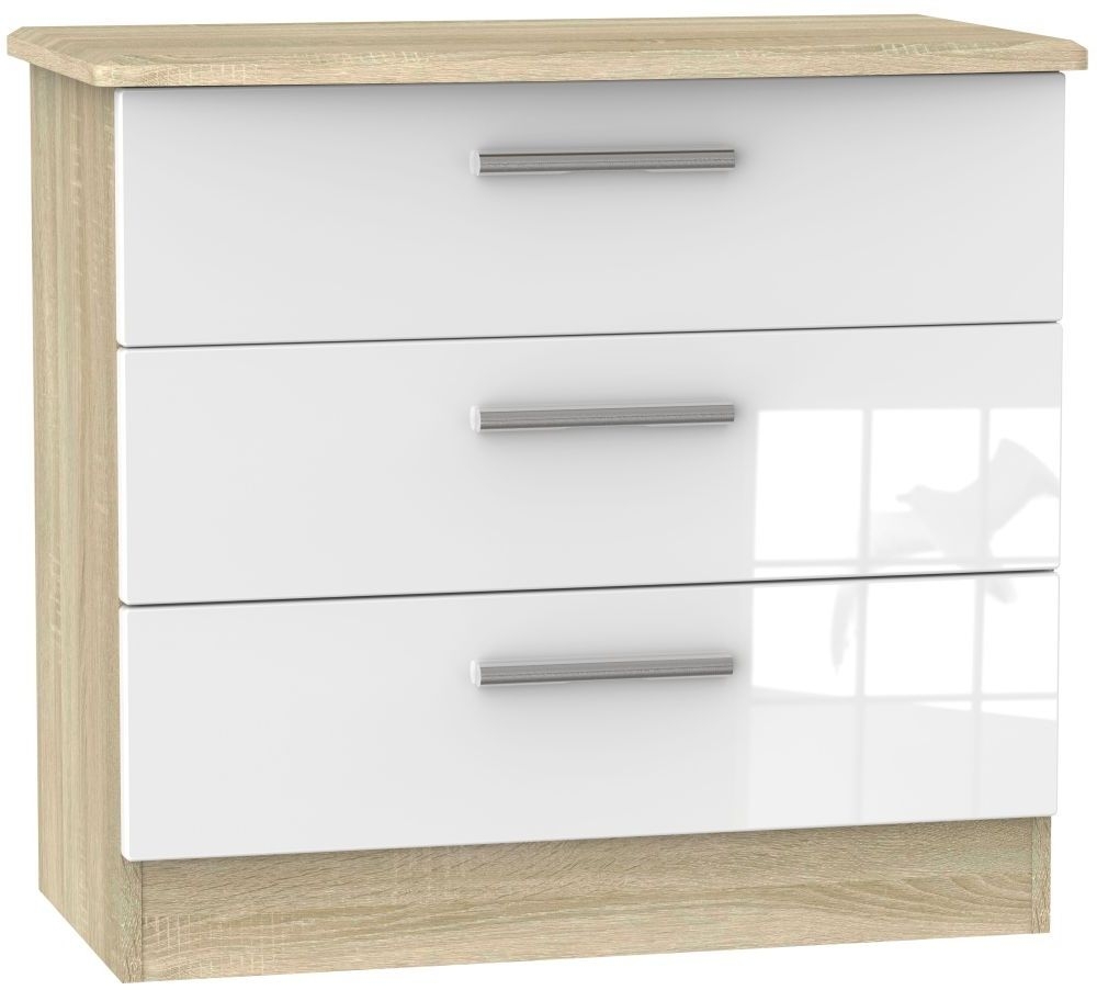 Knightsbridge White Gloss and Oak Effect 3 Drawer Small Chest