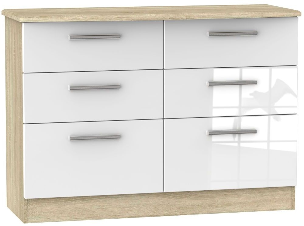 Knightsbridge White Gloss and Oak Effect 6 Drawer Midi Chest