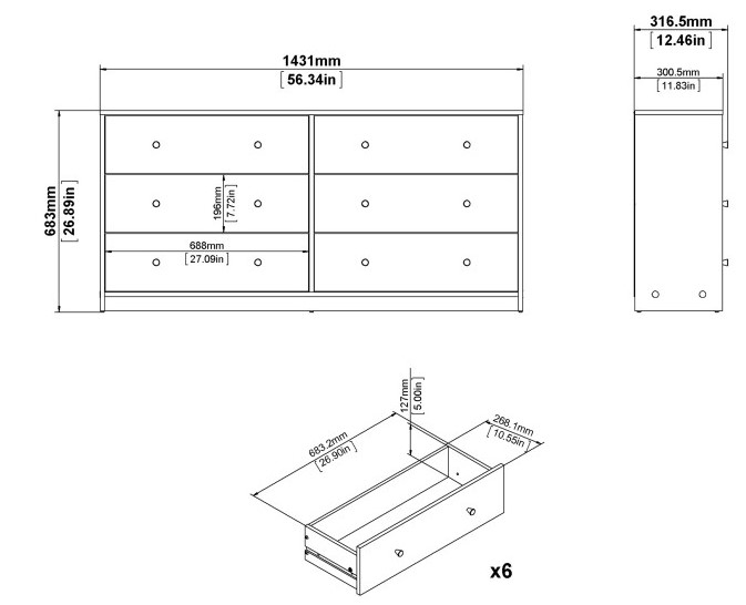 May Oak Effect 6 Drawer Wide Chest